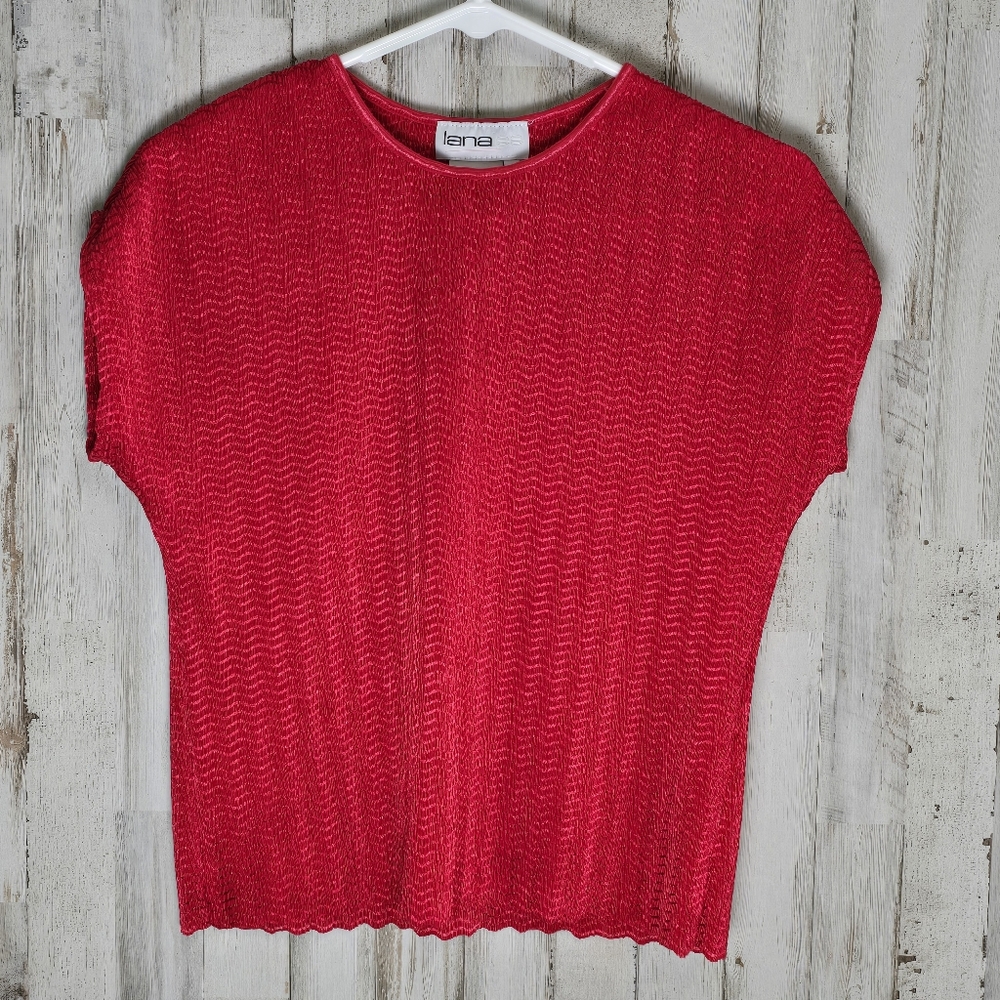 Lana Lee Vintage Bright Red Crinkle Short Sleeve Y2K Scalloped Shirt Small